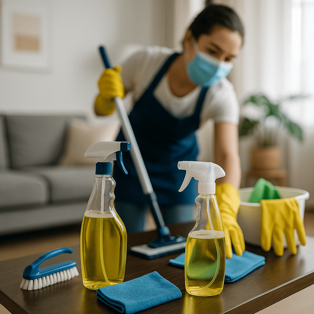 Reinigungskraft mit Maske und Handschuhen bei der Wohnungsreinigung, im Vordergrund Reinigungsmittel, Mikrofasertücher und Bürste